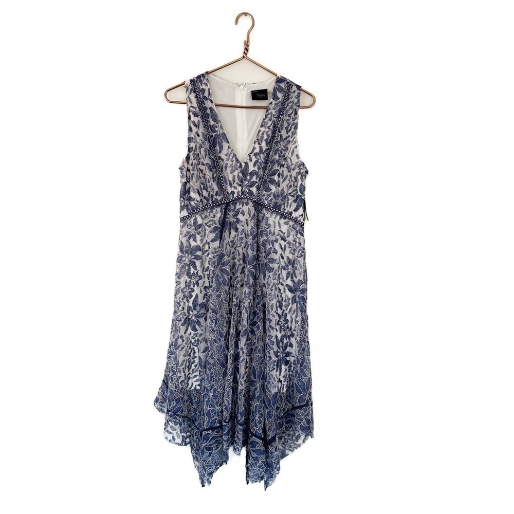 Just Taylor White Navy Asymmetric Hem Lace Midi Dress Womens Size 10 New